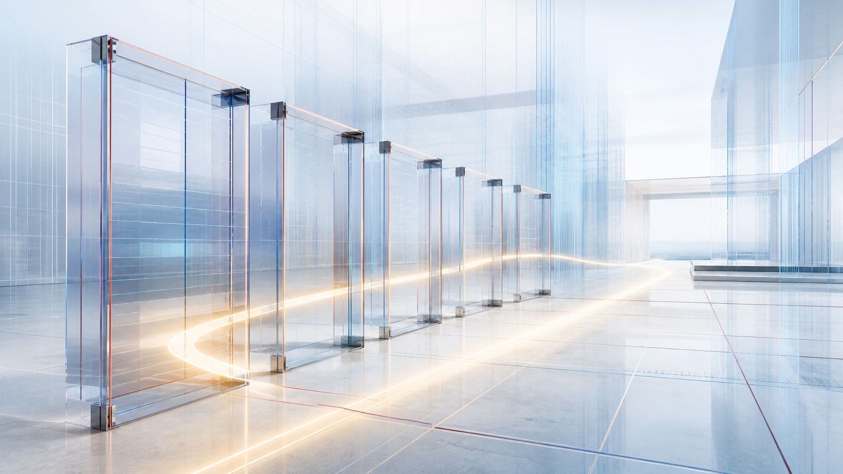 Transparente Kontrollrahmen mit einem durchgehenden Lichtpfad als Symbol für Compliance und IT-Compliance